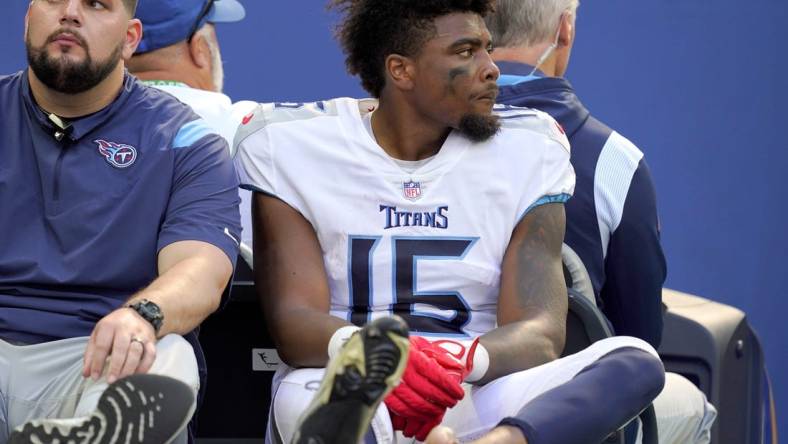 Oct 2, 2022; Indianapolis, Indiana, USA; Tennessee Titans wide receiver Treylon Burks (16) is carted off the field after an injury following a play against the Indianapolis Colts during the first half at Lucas Oil Stadium. Mandatory Credit: Armond Feffer/IndyStar-USA TODAY NETWORK

Nfl Tennessee Titans At Indianapolis Colts