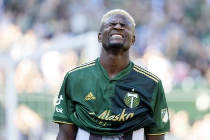 Oct 2, 2022; Portland, Oregon, USA; Portland Timbers forward Dairon Asprilla (27) reacts after scoring a goal during the second half against the LAFC at Providence Park. Mandatory Credit: Soobum Im-USA TODAY Sports