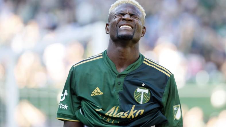 Oct 2, 2022; Portland, Oregon, USA; Portland Timbers forward Dairon Asprilla (27) reacts after scoring a goal during the second half against the LAFC at Providence Park. Mandatory Credit: Soobum Im-USA TODAY Sports