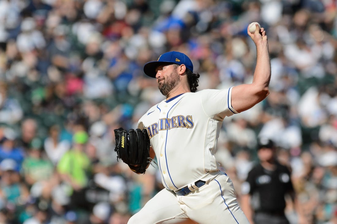 Oct 2, 2022; Seattle, Washington, USA; Seattle Mariners starting pitcher Robbie Ray (38) pitches to the Oakland Athletics during the first inning at T-Mobile Park. Mandatory Credit: Steven Bisig-USA TODAY Sports