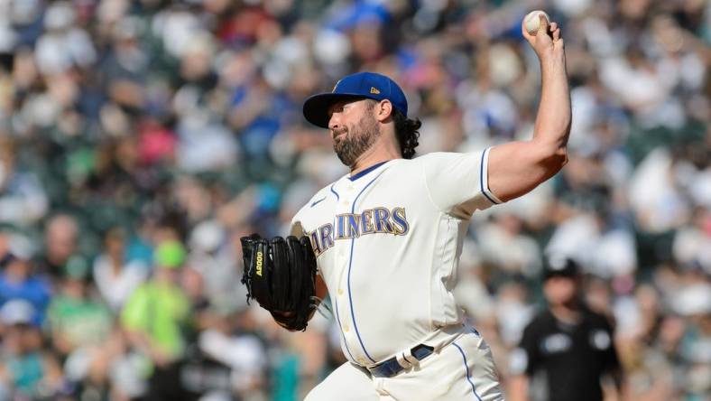 Oct 2, 2022; Seattle, Washington, USA; Seattle Mariners starting pitcher Robbie Ray (38) pitches to the Oakland Athletics during the first inning at T-Mobile Park. Mandatory Credit: Steven Bisig-USA TODAY Sports