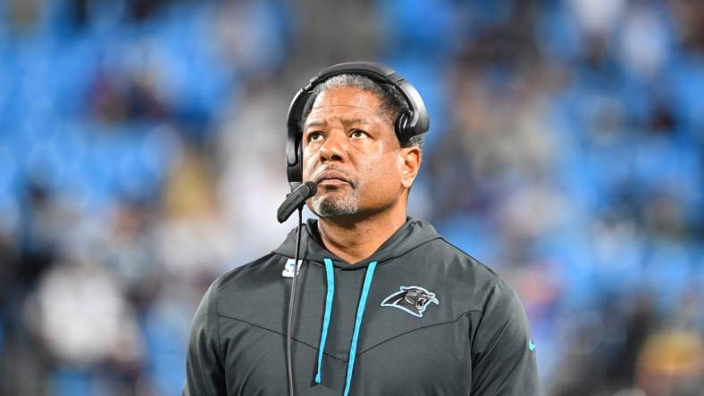 Oct 2, 2022; Charlotte, North Carolina, USA; Carolina Panthers defensive secondary coach Steve Wilks on the sidelines in the fourth quarter at Bank of America Stadium. Mandatory Credit: Bob Donnan-USA TODAY Sports