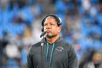 Oct 2, 2022; Charlotte, North Carolina, USA; Carolina Panthers defensive secondary coach Steve Wilks on the sidelines in the fourth quarter at Bank of America Stadium. Mandatory Credit: Bob Donnan-USA TODAY Sports