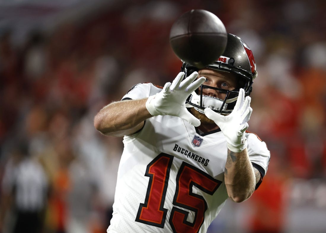 Oct 2, 2022; Tampa, Florida, USA; Tampa Bay Buccaneers wide receiver Cole Beasley (15) prior to the game against the Kansas City Chiefs at Raymond James Stadium. Mandatory Credit: Kim Klement-USA TODAY Sports