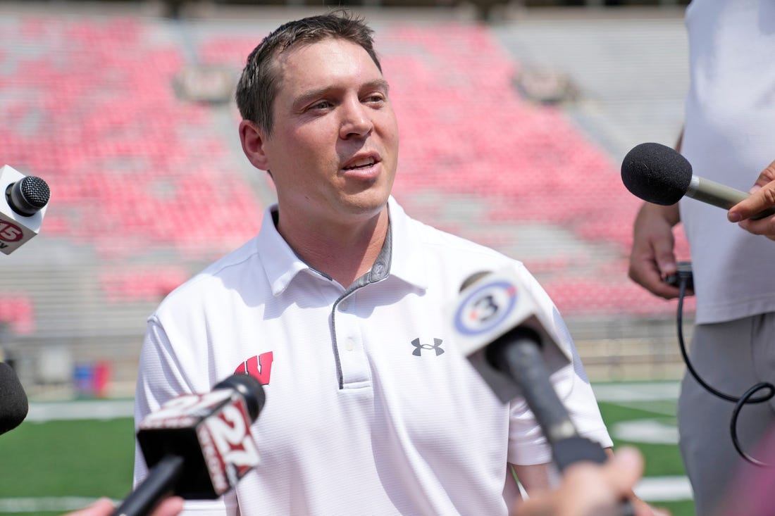 Wisconsin Badgers defensive coordinator coach Jim Leonhard was named interim head coach after Paul Chryst was fired Sunday.

Badgers Media Day 0577