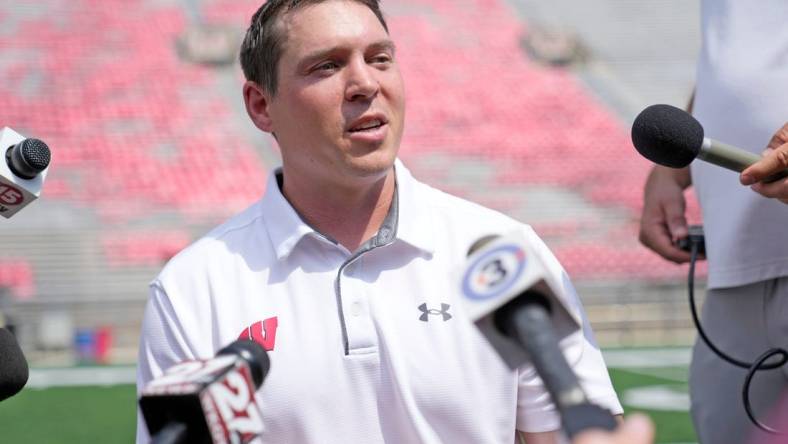 Wisconsin Badgers defensive coordinator coach Jim Leonhard was named interim head coach after Paul Chryst was fired Sunday.

Badgers Media Day 0577