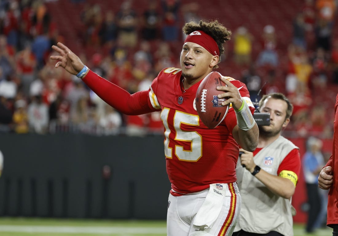 Oct 2, 2022; Tampa, Florida, USA; Kansas City Chiefs quarterback Patrick Mahomes (15) celebrates after they beat the Tampa Bay Buccaneers during the second half at Raymond James Stadium. Mandatory Credit: Kim Klement-USA TODAY Sports