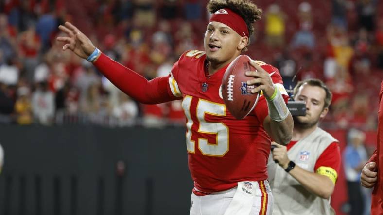 Oct 2, 2022; Tampa, Florida, USA; Kansas City Chiefs quarterback Patrick Mahomes (15) celebrates after they beat the Tampa Bay Buccaneers during the second half at Raymond James Stadium. Mandatory Credit: Kim Klement-USA TODAY Sports