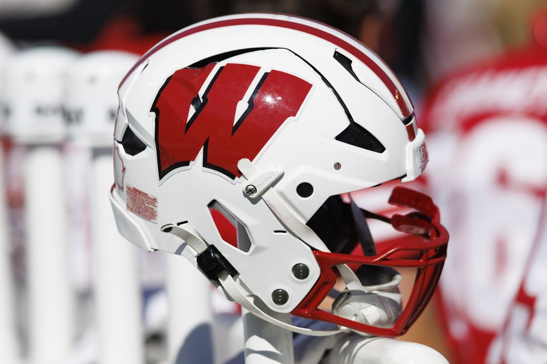 Oct 1, 2022; Madison, Wisconsin, USA;  A Wisconsin Badgers helmet during the game against the Illinois Fighting Illini at Camp Randall Stadium. Mandatory Credit: Jeff Hanisch-USA TODAY Sports