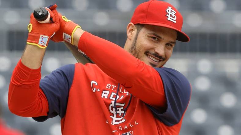 Oct 3, 2022; Pittsburgh, Pennsylvania, USA;  St. Louis Cardinals third baseman Nolan Arenado (28) at the batting cage before the game against the Pittsburgh Pirates at PNC Park. Mandatory Credit: Charles LeClaire-USA TODAY Sports