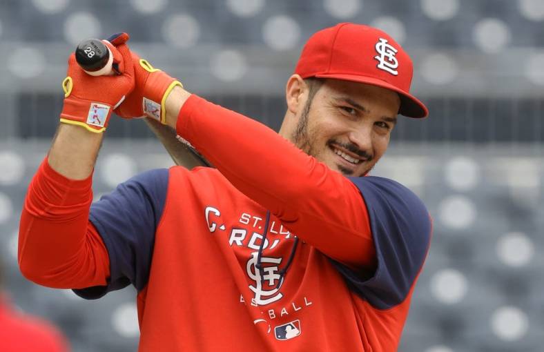 Oct 3, 2022; Pittsburgh, Pennsylvania, USA;  St. Louis Cardinals third baseman Nolan Arenado (28) at the batting cage before the game against the Pittsburgh Pirates at PNC Park. Mandatory Credit: Charles LeClaire-USA TODAY Sports