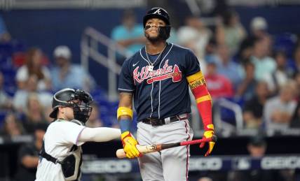 Oct 3, 2022; Miami, Florida, USA; Atlanta Braves right fielder Ronald Acuna Jr. (13) strikes out in the third inning against the Miami Marlins at loanDepot Park. Mandatory Credit: Jim Rassol-USA TODAY Sports