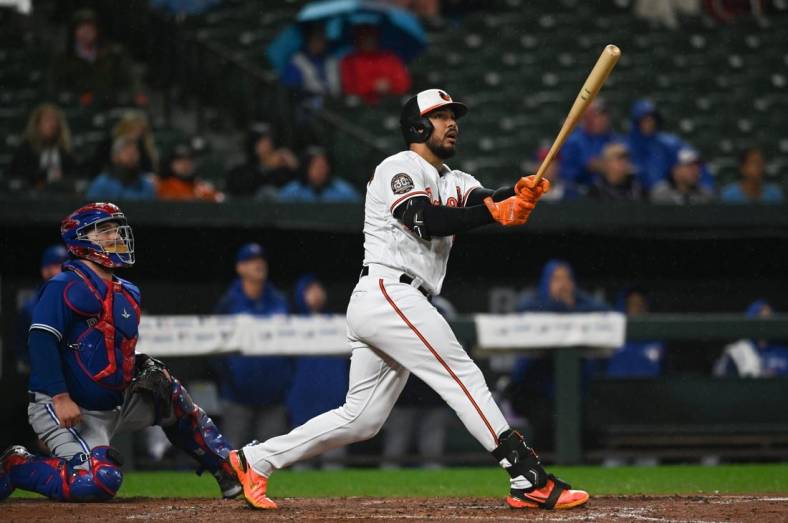 Oct 3, 2022; Baltimore, Maryland, USA; Baltimore Orioles right fielder Anthony Santander (25) hits  sacrifice fly to right field scoring shortstop Jorge Mateo (3) in the third inning against the Toronto Blue Jays  at Oriole Park at Camden Yards. Mandatory Credit: Tommy Gilligan-USA TODAY Sports