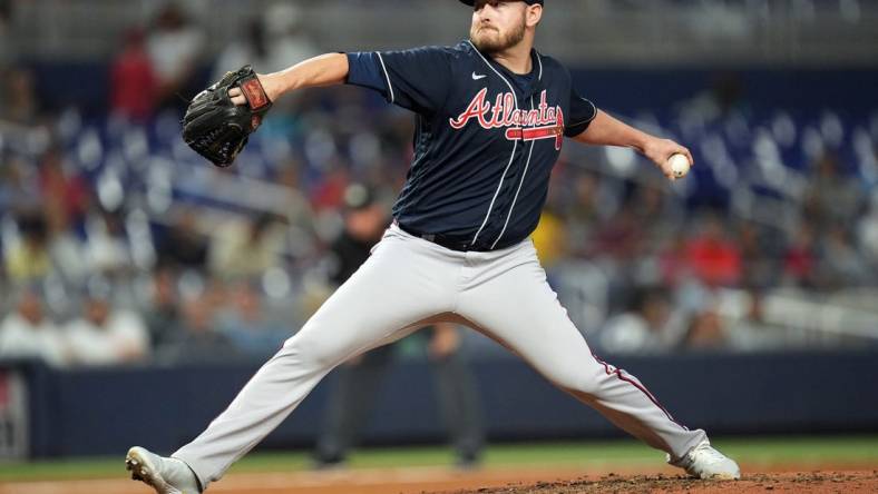 Oct 3, 2022; Miami, Florida, USA;  Atlanta Braves relief pitcher Tyler Matzek (68) delivers in the sixth inning against the Miami Marlins at loanDepot Park. Mandatory Credit: Jim Rassol-USA TODAY Sports