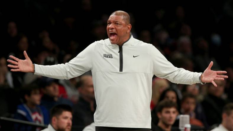 Oct 3, 2022; Brooklyn, New York, USA; Philadelphia 76ers head coach Doc Rivers reacts during the second quarter against the Brooklyn Nets at Barclays Center. Mandatory Credit: Brad Penner-USA TODAY Sports