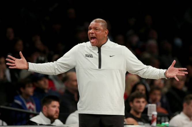 Oct 3, 2022; Brooklyn, New York, USA; Philadelphia 76ers head coach Doc Rivers reacts during the second quarter against the Brooklyn Nets at Barclays Center. Mandatory Credit: Brad Penner-USA TODAY Sports