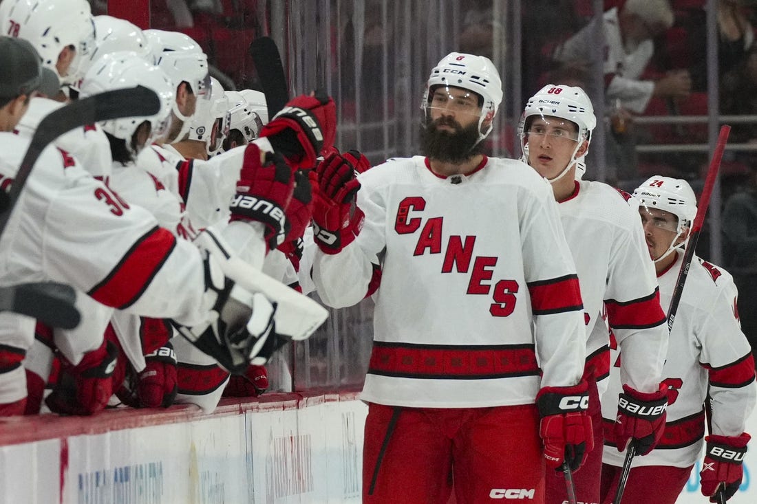 Oct 3, 2022; Raleigh, North Carolina, USA;  Carolina Hurricanes defenseman Brent Burns (8) celebrates his goal against the Columbus Blue Jackets during the second period at PNC Arena. Mandatory Credit: James Guillory-USA TODAY Sports