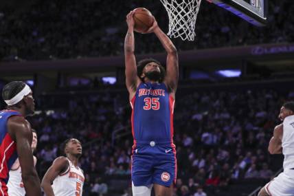 Oct 4, 2022; New York, New York, USA;  Detroit Pistons forward Marvin Bagley III (35) goes up for a dunk in the second quarter against the New York Knicks at Madison Square Garden. Mandatory Credit: Wendell Cruz-USA TODAY Sports
