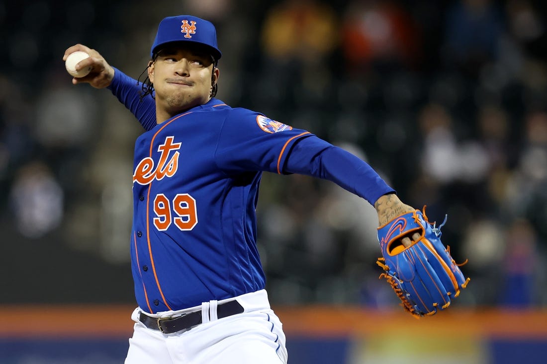 Oct 4, 2022; New York City, New York, USA; New York Mets starting pitcher Taijuan Walker (99) pitches against the Washington Nationals during the first inning at Citi Field. Mandatory Credit: Brad Penner-USA TODAY Sports