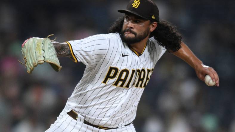 Oct 4, 2022; San Diego, California, USA; San Diego Padres starting pitcher Sean Manaea (55) throws a pitch against the San Francisco Giants during the first inning at Petco Park. Mandatory Credit: Orlando Ramirez-USA TODAY Sports