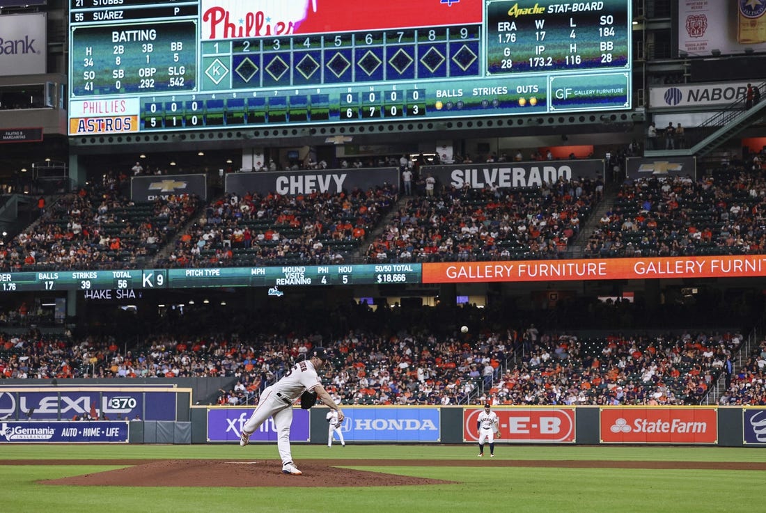 Oct 4, 2022; Houston, Texas, USA; Houston Astros starting pitcher Justin Verlander (35) delivers a pitch during the fourth inning against the Philadelphia Phillies at Minute Maid Park. Mandatory Credit: Troy Taormina-USA TODAY Sports