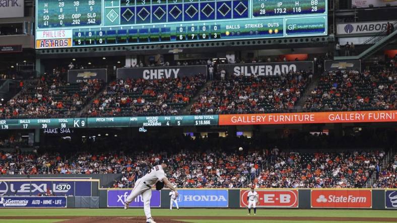 Oct 4, 2022; Houston, Texas, USA; Houston Astros starting pitcher Justin Verlander (35) delivers a pitch during the fourth inning against the Philadelphia Phillies at Minute Maid Park. Mandatory Credit: Troy Taormina-USA TODAY Sports