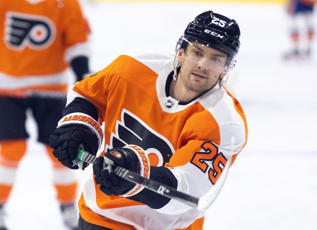 Oct 4, 2022; Philadelphia, Pennsylvania, USA; Philadelphia Flyers left wing James van Riemsdyk (25) pregame against the New York Islanders at Wells Fargo Center. Mandatory Credit: Bill Streicher-USA TODAY Sports