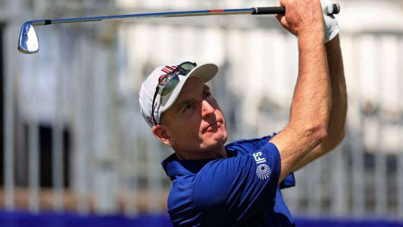 Jim Furyk tees off on 17 Wednesday, Oct. 5, 2022 at Timuquana Country Club in Jacksonville. Wednesday marked the first pro-am round of golf for the Constellation Furky & Friends golf tournament.

Jki 100522 Furyk Friends Golf 07