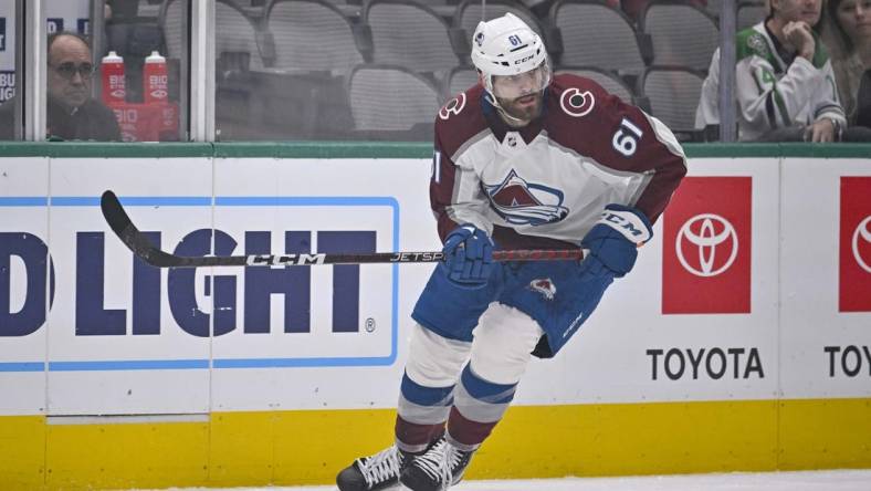 Oct 3, 2022; Dallas, Texas, USA; Colorado Avalanche right wing Martin Kaut (61) in action during the game between the Dallas Stars and the Colorado Avalanche at the American Airlines Center. Mandatory Credit: Jerome Miron-USA TODAY Sports