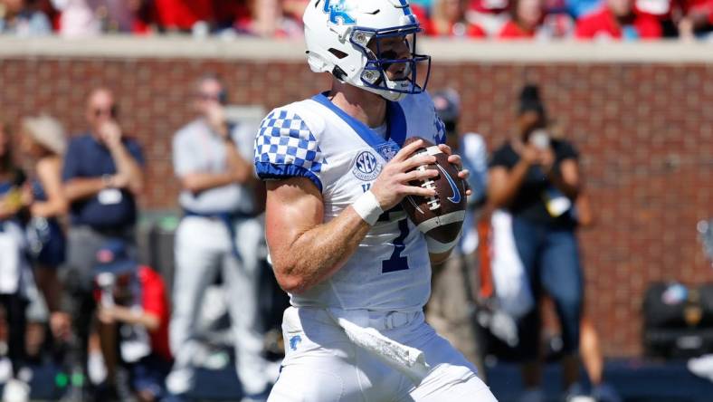 Oct 1, 2022; Oxford, Mississippi, USA; Kentucky Wildcats quarterback Will Levis (7) during the first half against the Mississippi Rebels at Vaught-Hemingway Stadium. Mandatory Credit: Petre Thomas-USA TODAY Sports