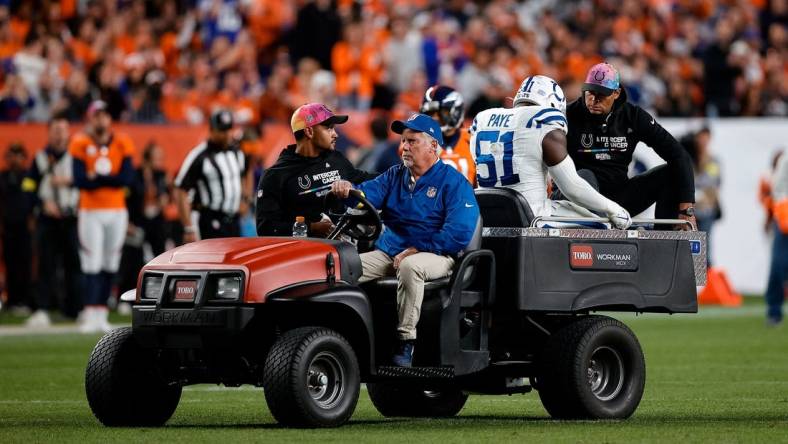 Oct 6, 2022; Denver, Colorado, USA; Indianapolis Colts defensive end Kwity Paye (51) is carted off the field in the fourth quarter against the Denver Broncos at Empower Field at Mile High. Mandatory Credit: Isaiah J. Downing-USA TODAY Sports