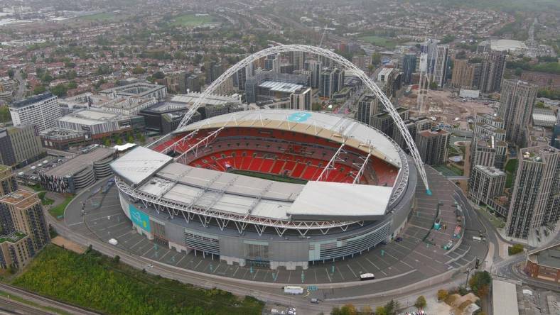 Oct 5, 2022; London, United Kingdom; A general overall aerial view of Wembley Stadium. The venue will play host to the 2022 NFL London Game between the Denver Broncos and the Jacksonville Jaguars. Mandatory Credit: Kirby Lee-USA TODAY Sports