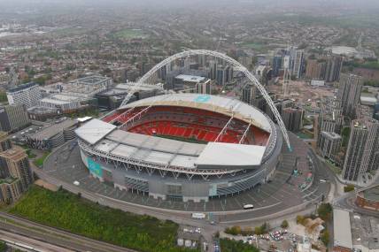 Oct 5, 2022; London, United Kingdom; A general overall aerial view of Wembley Stadium. The venue will play host to the 2022 NFL London Game between the Denver Broncos and the Jacksonville Jaguars. Mandatory Credit: Kirby Lee-USA TODAY Sports