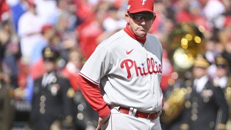 Oct 7, 2022; St. Louis, Missouri, USA; Philadelphia Phillies interim manager Rob Thomson (59) looks on during player introductions prior to game one of the Wild Card series against the St. Louis Cardinals in the 2022 MLB Playoffs at Busch Stadium. Mandatory Credit: Jeff Curry-USA TODAY Sports