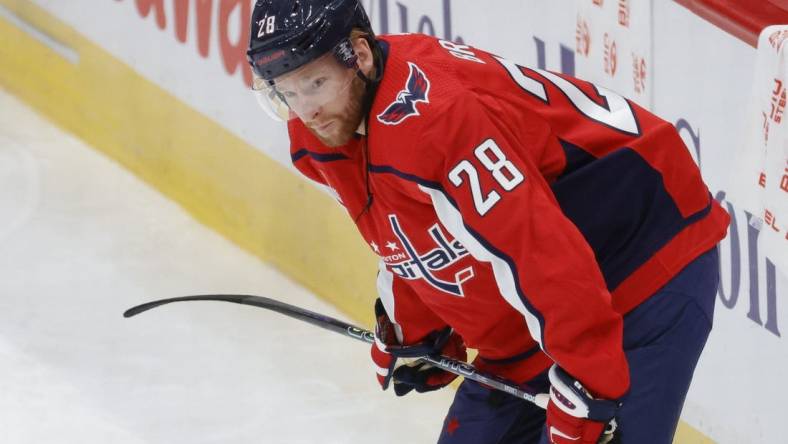 Oct 5, 2022; Washington, District of Columbia, USA; Washington Capitals right wing Connor Brown (28) on ice prior to the Capitals' game against the Detroit Red Wings at Capital One Arena. Mandatory Credit: Geoff Burke-USA TODAY Sports