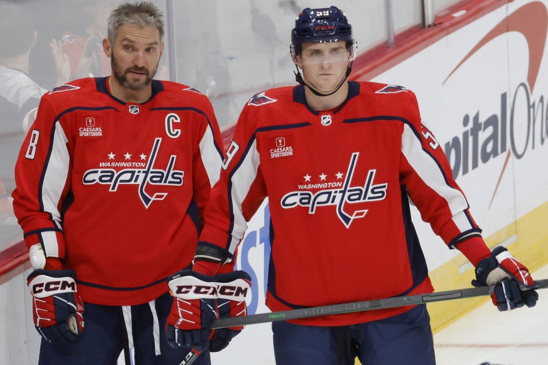 Oct 5, 2022; Washington, District of Columbia, USA; Washington Capitals left wing Alex Ovechkin (8) stands with Capitals center Aliaksei Protas (59) on ice prior to the Capitals' game against the Detroit Red Wings at Capital One Arena. Mandatory Credit: Geoff Burke-USA TODAY Sports
