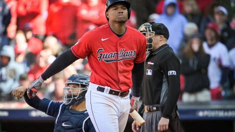 Oct 8, 2022; Cleveland, Ohio, USA; Cleveland Guardians right fielder Oscar Gonzalez (39) strikes out against the Tampa Bay Rays in the tenth inning during game two of the Wild Card series for the 2022 MLB Playoffs at Progressive Field. Mandatory Credit: Ken Blaze-USA TODAY Sports