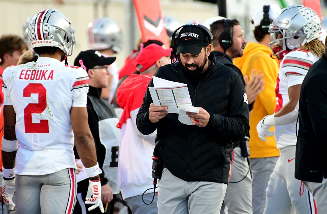 Oct 8, 2022; East Lansing, Michigan, USA;  Ohio State Buckeyes head coach Ryan Day calls plays on the sidelines against the Michigan State Spartans in the fourth quarter at Spartan Stadium. Mandatory Credit: Dale Young-USA TODAY Sports