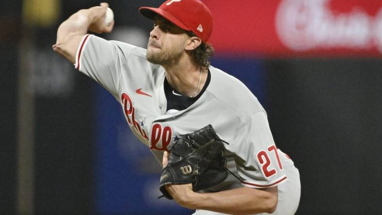 Oct 8, 2022; St. Louis, Missouri, USA; Philadelphia Phillies starting pitcher Aaron Nola (27) throws a pitch in the first inning against the St. Louis Cardinals during game two of the Wild Card series for the 2022 MLB Playoffs at Busch Stadium. Mandatory Credit: Jeff Curry-USA TODAY Sports