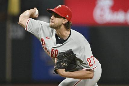 Oct 8, 2022; St. Louis, Missouri, USA; Philadelphia Phillies starting pitcher Aaron Nola (27) throws a pitch in the first inning against the St. Louis Cardinals during game two of the Wild Card series for the 2022 MLB Playoffs at Busch Stadium. Mandatory Credit: Jeff Curry-USA TODAY Sports