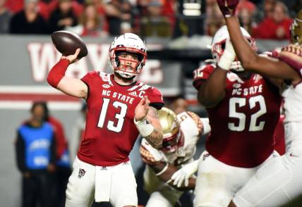 Oct 8, 2022; Raleigh, North Carolina, USA; North Carolina State Wolfpack quarterback Devin Leary (13) throws a pass during the first half against the Florida State Seminoles at Carter-Finley Stadium. Mandatory Credit: Rob Kinnan-USA TODAY Sports