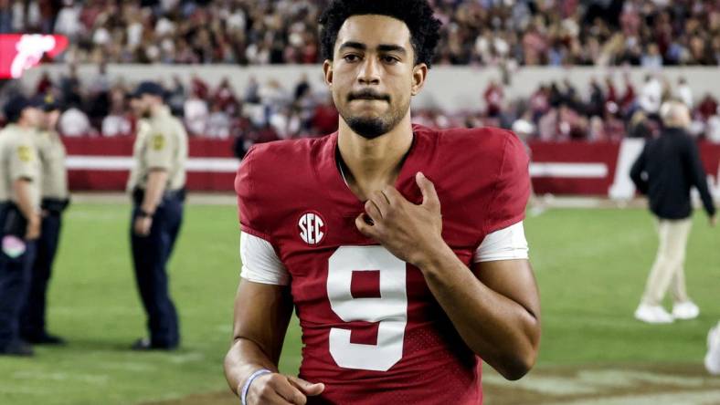 Oct 8, 2022; Tuscaloosa, Alabama, USA;  Alabama Crimson Tide quarterback Bryce Young (9) walks off the field after a Crimson Tide victory over the Texas A&M Aggies at Bryant-Denny Stadium. Mandatory Credit: Butch Dill-USA TODAY Sports