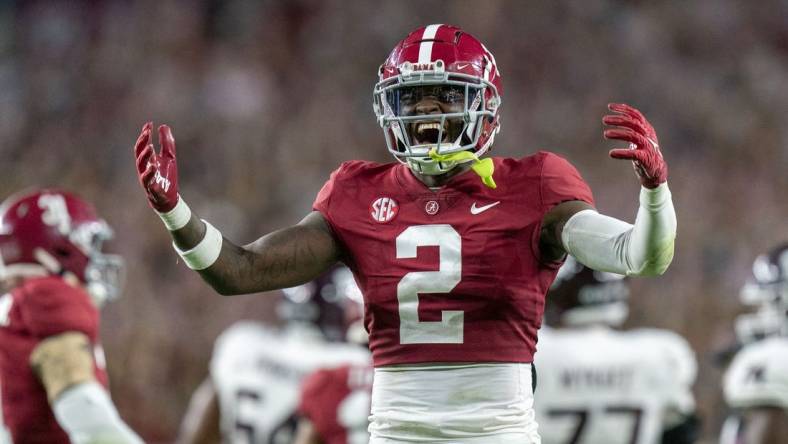 Oct 8, 2022; Tuscaloosa, Alabama, USA; Alabama Crimson Tide defensive back DeMarcco Hellams (2) reacts during the second half against the Texas A&M Aggies at Bryant-Denny Stadium. Mandatory Credit: Marvin Gentry-USA TODAY Sports