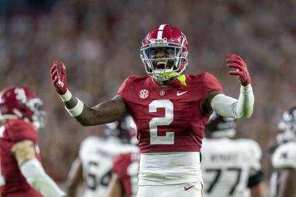 Oct 8, 2022; Tuscaloosa, Alabama, USA; Alabama Crimson Tide defensive back DeMarcco Hellams (2) reacts during the second half against the Texas A&M Aggies at Bryant-Denny Stadium. Mandatory Credit: Marvin Gentry-USA TODAY Sports