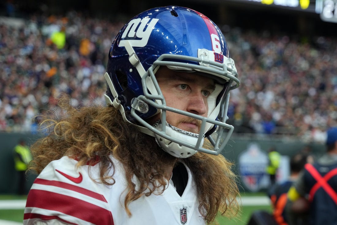 Oct 9, 2022; London, United Kingdom; New York Giants punter Jamie Gillan (6) watches from the sidelines in the second half against the Green Bay Packers during an NFL International Series game at Tottenham Hotspur Stadium. Mandatory Credit: Kirby Lee-USA TODAY Sports