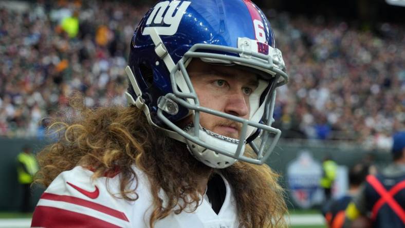 Oct 9, 2022; London, United Kingdom; New York Giants punter Jamie Gillan (6) watches from the sidelines in the second half against the Green Bay Packers during an NFL International Series game at Tottenham Hotspur Stadium. Mandatory Credit: Kirby Lee-USA TODAY Sports