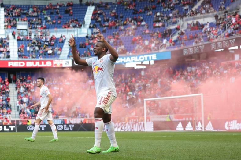 Oct 9, 2022; Harrison, New Jersey, USA;  New York Red Bulls forward Elias Manoel Alves de Paula (11) celebrates his second goal against the Charlotte FC during second half at Red Bull Arena. Mandatory Credit: Vincent Carchietta-USA TODAY Sports