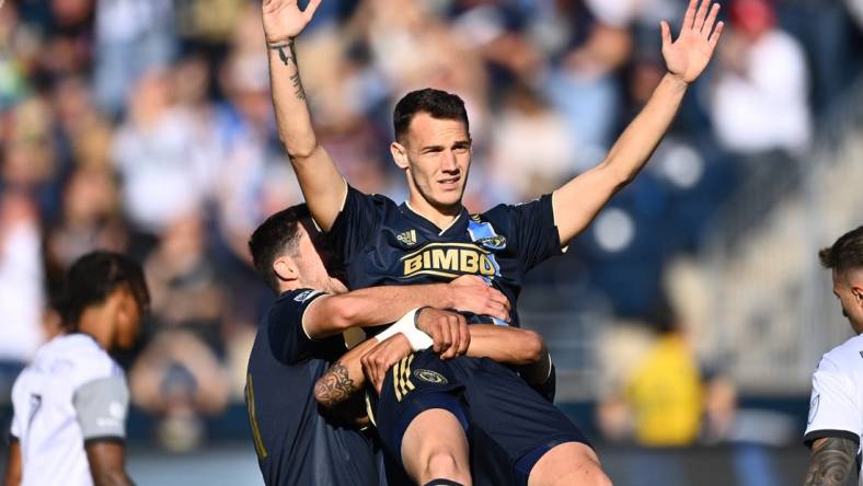 Oct 9, 2022; Philadelphia, Pennsylvania, USA;  Philadelphia Union midfielder Daniel Gazdag (6) celebrates after scoring a goal against Tornoto FC in the second half at Subaru Park. Mandatory Credit: Kyle Ross-USA TODAY Sports