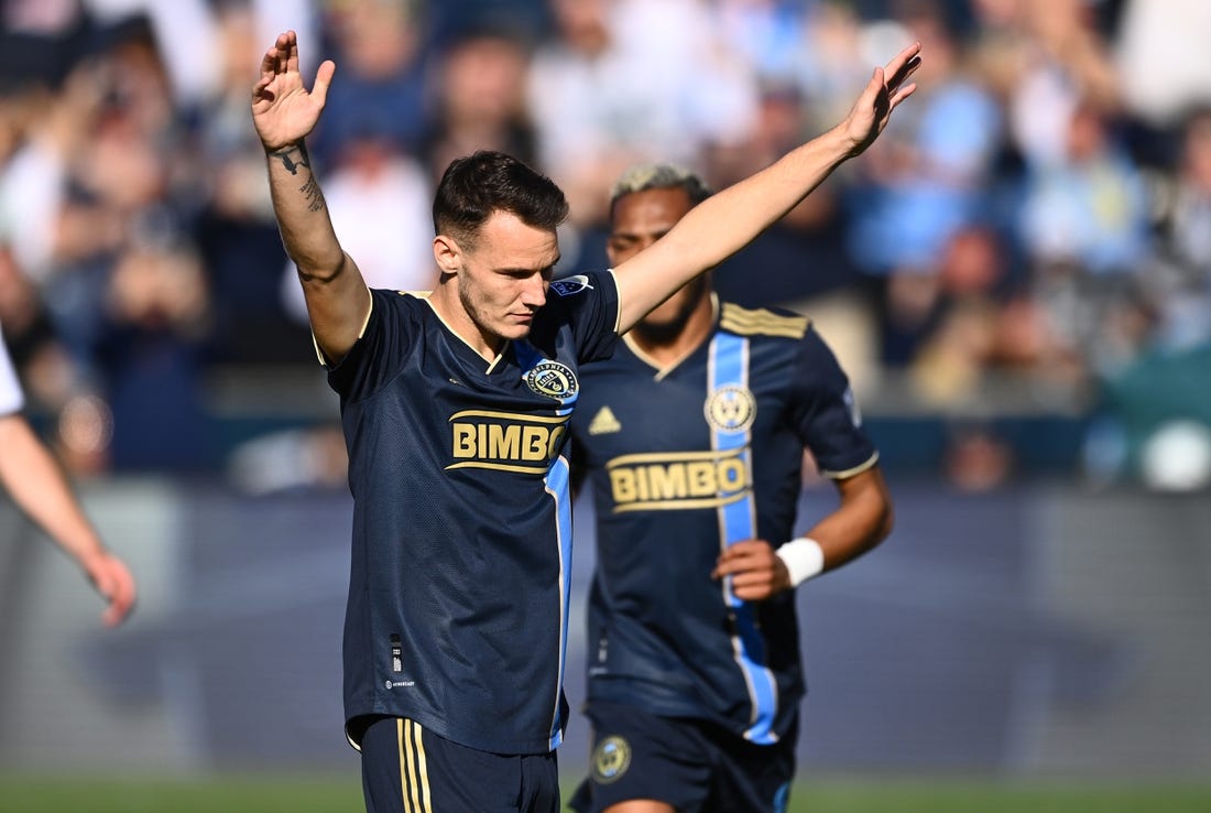 Oct 9, 2022; Philadelphia, Pennsylvania, USA; Philadelphia Union midfielder Daniel Gazdag (6) reacts after scoring a goal against Toronto FC in the second half at Subaru Park. Mandatory Credit: Kyle Ross-USA TODAY Sports