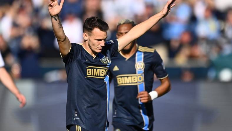 Oct 9, 2022; Philadelphia, Pennsylvania, USA; Philadelphia Union midfielder Daniel Gazdag (6) reacts after scoring a goal against Toronto FC in the second half at Subaru Park. Mandatory Credit: Kyle Ross-USA TODAY Sports